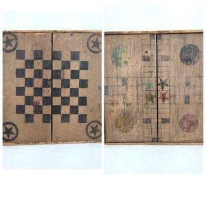 Antique Game Board Primitive Folk Art Double-Sided Painted Checkers Parcheesi